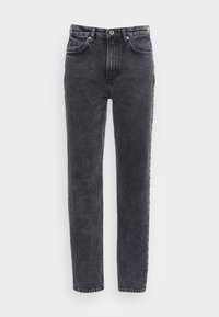 Jeans in denim grigio scuro con vestibilità dritta, cinque tasche e cuciture a contrasto. Presenta una chiusura con bottone e zip in vita.
