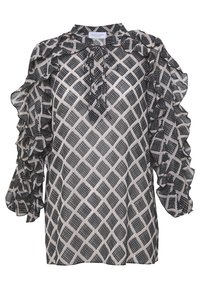 Svartvitt mönstrad blus med volangärmar, hög halsringning och knappslå, tillverkad av lättviktsmaterial.