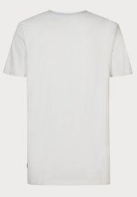 Bílý bavlněný tričko, krátké rukávy, kulatý výstřih, jednoduchý design, bez vzorů, rovný lem, malé logo na dolní levé straně.