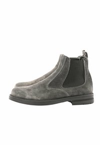 Stivali alla caviglia in suede grigio con pannelli elasticizzati laterali, punta rotonda e linguette posteriori. Presentano una superficie texture e una suola in gomma nera.