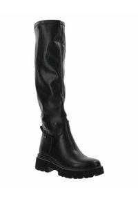Botas negras de imitación cuero hasta la rodilla con un acabado suave, suela gruesa y punta redondeada. Cuenta con una lengüeta lateral para facilitar su colocación.