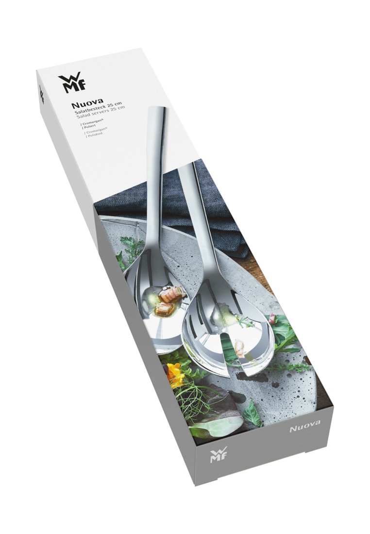 Ensemble de service à salade en acier inoxydable, 25 cm, avec finition polie et design épuré, présenté dans une boîte rectangulaire avec des images de nourriture.