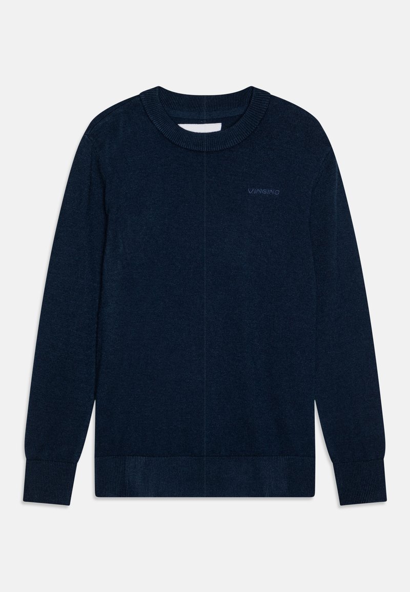 Navyblaues Strickpullover mit rundem, geripptem Halsausschnitt und langen Ärmeln. Verfügt über eine dezente Logo-Stickerei auf der Brust sowie gerippte Bündchen und Saum.