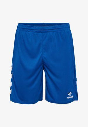 Blauwe sportshorts met witte chevronstrepen aan de zijkanten en een wit hummel-logo aan de voorkant van de zoom.