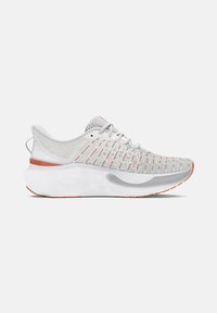 Lightweight running shoe with a breathable white mesh upper, orange accents, textured patterns, and a cushioned white sole.
