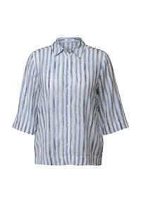 Camicia leggera a maniche corte a righe verticali blu e bianche, con colletto e chiusura a bottoni, realizzata in tessuto morbido.
