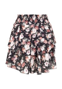 Jupe fleurie noire à volants avec des fleurs roses, blanches et pêche, avec une taille élastiquée froncée et un tissu léger.