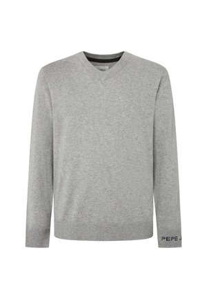 Harmaa V-kaula-aukkosweater, joka on valmistettu pehmeästä neulekankaasta. Varustettu pitkillä hihoilla ja ribbaustekstuurilla hihoissa. Logoteksti "PEPE JEANS" vasemmassa hihassa.