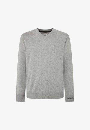 Harmaa V-kaula-aukkosweater, joka on valmistettu pehmeästä neulekankaasta. Varustettu pitkillä hihoilla ja ribbaustekstuurilla hihoissa. Logoteksti "PEPE JEANS" vasemmassa hihassa.
