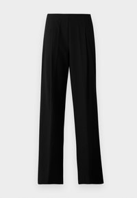 Pantalones de pierna ancha negros, confeccionados con una tela suave, que presentan una cintura plana y pliegues frontales para un aspecto ajustado. Sin herrajes visibles ni patrones.