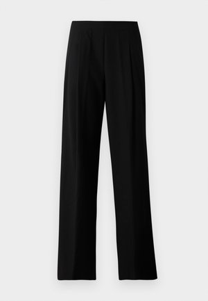 Black wide-leg trousers made of smooth fabric, featuring a flat waistband and front pleats for a tailored look. No visible hardware or patterns.