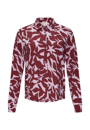 Langemouw blouse in bordeauxrood en lichtpaarse abstracte print, met een kraag en knoopsluiting aan de voorkant. Soepele stoftextuur.
