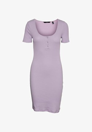 Lila kort mouw ribgebreide jurk met een ronde hals en drie kleine knoopjes op het voorpand.