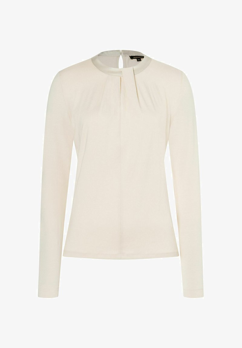 Langärmliges, hellbeiges Oberteil mit rundem Ausschnitt und schlüssellochförmigem Detail auf der Rückseite. Verfügt über subtile Falten auf der Vorderseite für Textur und Design.