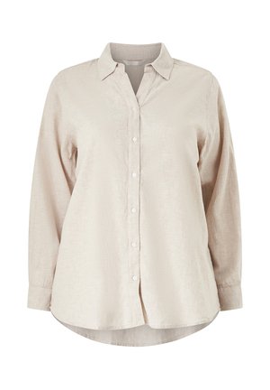 Beżowa koszula na długi rękaw z guzikami, kołnierzykiem, zaokrąglonym dołem i luźnym krojem, wykonana z teksturowanej tkaniny.