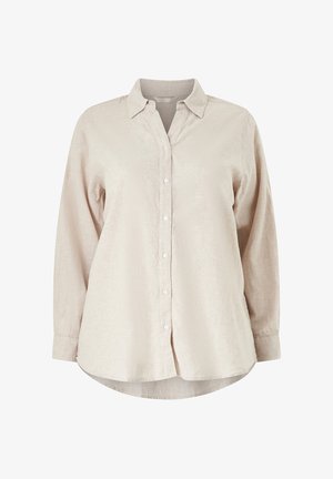Beige skjorte med lange ærmer, knapper, krave, buet kant og løs pasform, lavet af struktureret stof.