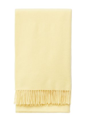 Gelbe Fleece-Wurfdecke mit fransenbesetzten Kanten, weicher Textur und rechteckiger Form, gefaltet und zeigt die glatte Oberfläche sowie die Fransen.