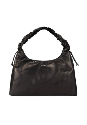 Schwarze Lederhandtasche mit gerafftem Griff, weicher Textur und kleinem silbernem "ROECKL"-Logo mittig auf der Vorderseite.