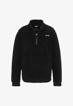 Pullover in pile nero con collo mezza zip, caratterizzato da una superficie testurizzata e un piccolo logo sul lato sinistro. Vestibilità ampia e polsini a coste.