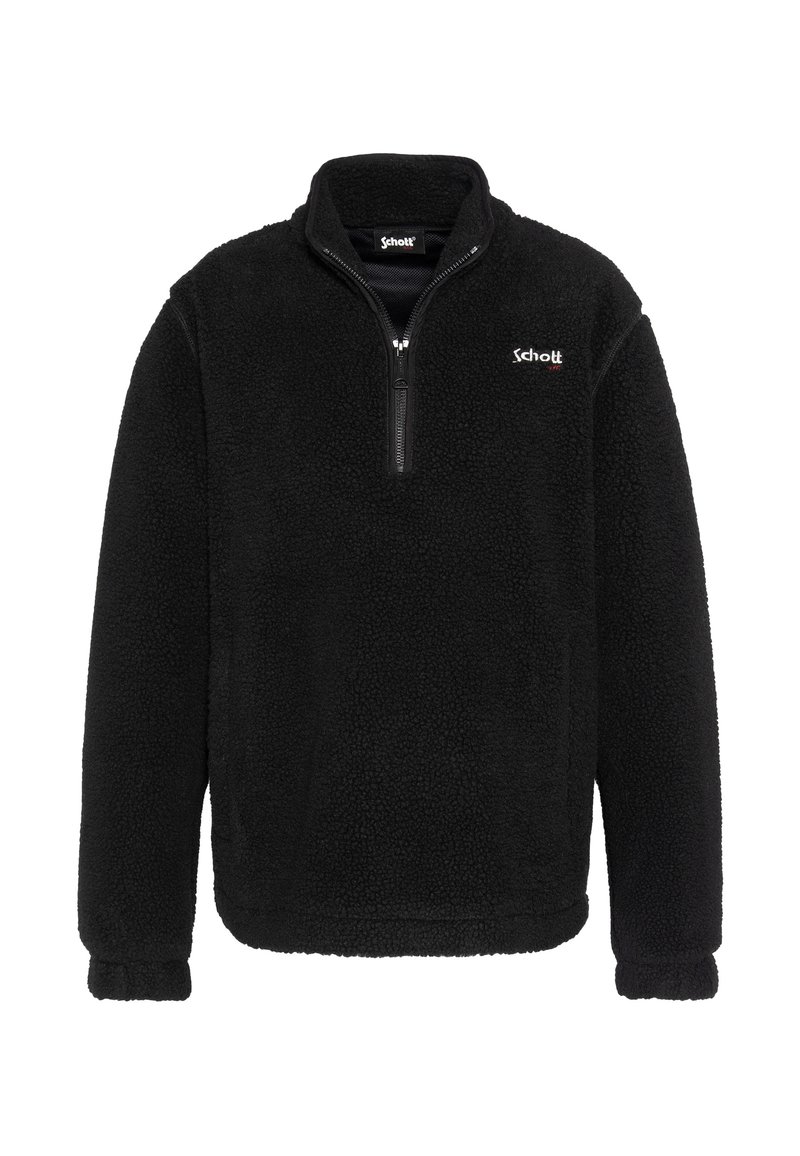 Czarny polarowy pulower z półzamkiem przy kołnierzu, o fakturowanej powierzchni i małym logo po lewej stronie. Luźny krój i ściągacze przy mankietach.