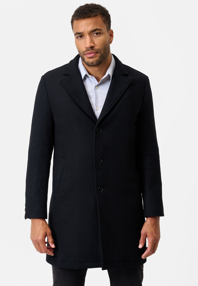 Black wool overcoat with notched lapels, single-breasted design, four buttons, and side pockets, tailored fit, smooth texture.