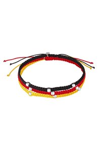 Makraméarmband med ihopflätade svarta, röda och gula trådar med silverpärlor. Justerbart knutstängning i båda ändar.