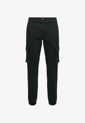 Zwarte cargobroek van denimstof, met meerdere zijzakken, elastische boorden en een klassiek vijfzakmodel.