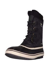 Schwarze Winterstiefel mit wasserdichtem Obermaterial, gefüttertem Kragen, Schnürdesign und strukturiertem Gummisohle mit einer weiß-schwarzen gestreiften Zwischensohle.