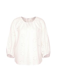 Blusa di cotone bianca con ricami floreali ad occhio, scollo rotondo e maniche lunghe a sbuffo con polsini elasticizzati.
