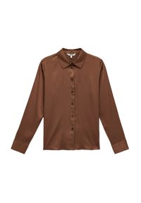 Brązowa satynowa koszula z długim rękawem, z wywijanym ko�łnierzykiem i zapięciem na guziki z przodu. Posiada gładką fakturę oraz mankiety przy rękawach.