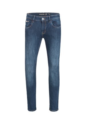 Jeans skinny en denim bleu foncé, dotés d'un design à cinq poches, de passants de ceinture et d'une légère décoloration près des genoux avec des coutures contrastées.