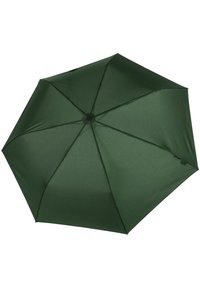 Parapluie vert avec un auvent en tissu lisse et mat, huit panneaux et une tige centrale, comprenant un bouton noir pour une ouverture facile.
