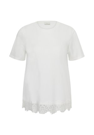 Bijela bluza kratkih rukava s okruglim vratnim izrezom i detaljem čipke uz rub.