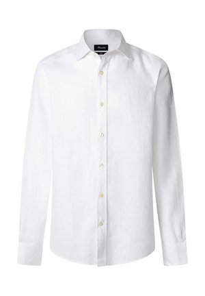 Chemise blanche à manches longues en lin, avec un col à boutons, une fermeture à boutons sur le devant et des poignets à un bouton.