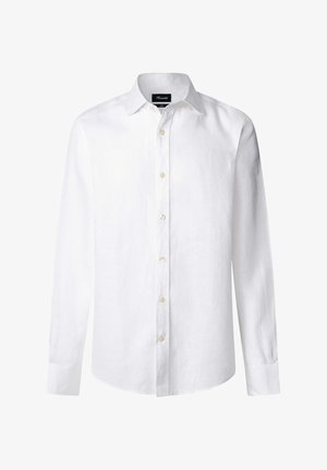 White long-sleeve shirt crafted from linen, featuring a button-down collar, front button closure, and single-button cuffs.