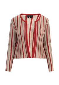 Randig cardigan i ljus beige och röd, med långa ärmar, öppen framsida och textil med en strukturerad yta och vertikala linjer.