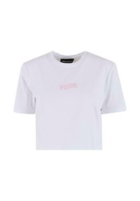 Biely skrátený tričko vyrobené z bavlny, s krátkymi rukávmi a okrúhlym výstrihom. Obsahuje svetloružové logo "PGDR" na prednej strane.