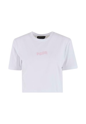 Weißes, tailliertes T-Shirt aus Baumwolle mit kurzen Ärmeln und Rundhalsausschnitt. Mit einem hellrosa "PGDR"-Logo auf der Vorderseite.