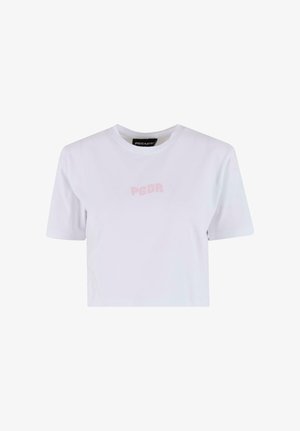 Weißes, tailliertes T-Shirt aus Baumwolle mit kurzen Ärmeln und Rundhalsausschnitt. Mit einem hellrosa "PGDR"-Logo auf der Vorderseite.