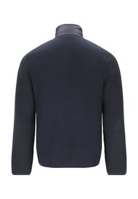 Marineblauwe fleec jasje met een gladde, gewatteerde kraag. Getextureerde mouwen contrasteren met een zachte body. Eenvoudig ontwerp, geen zichtbare hardware of patronen.