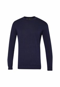 Maglione leggero blu navy, maniche lunghe, scollatura rotonda, polsini e orlo a coste, texture liscia, design minimale, senza motivi o decorazioni.