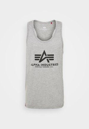 Sivi pamučni majica bez rukava s okruglim izrezom, na prednjoj strani s crnim logom i natpisom: "ALPHA INDUSTRIES KNOXVILLE, TENNESSEE, U.S.A."