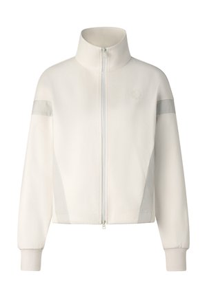 White zip-up jacket with high collar, long sleeves, and subtle lighter panels on sleeves and sides.