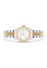 Montre-bracelet argentée et dorée avec un cadran rond, un cadran blanc, des index horaires dorés et un bracelet en métal bi-tons avec une finition brossée.