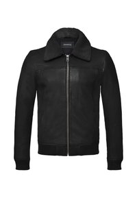 Chaqueta de cuero negra con cuello de borreguillo, cierre de cremallera y puños acanalados. Presenta una textura suave y un diseño ajustado.
