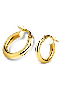 Vergoldete Creolen-Ohrringe mit einem glatten, abgerundeten Design und einem sicheren Scharnierverschluss. Erhältlich in zwei Größen, beide glänzend und ohne Muster.