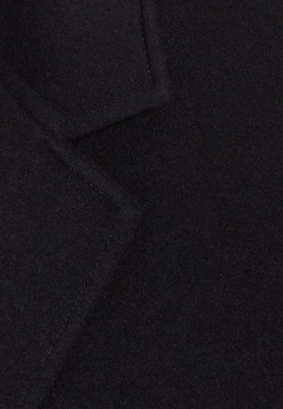 Primo piano del tessuto di un cappotto di lana nero, che presenta una texture liscia, punte di bavero affilate e dettagli di cucitura invisibili.