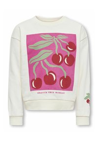Sweatshirt blanc avec un graphisme de cerise entouré de feuilles vertes sur un fond rose. Comprend le texte "cherrie this moment" et un petit détail de cerise sur la manche.
