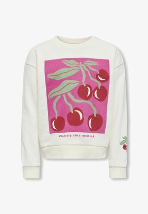 Hvid sweatshirt med et kirsebærmotiv med grønne blade på en lyserød baggrund. Inkluderer teksten "cherrie this moment" og en lille kirsebærdetalje på ærmet.
