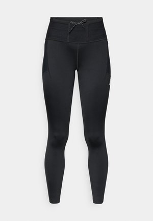 Zwarte leggings met hoge taille en een aansluitend silhouet, gemaakt van stretchstof, voorzien van zijzakken en een taillekoord voor aanpassing van de pasvorm.